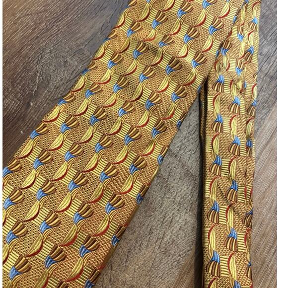 Peter Millar Silk Tie Geometric Pattern Yellow Gold Blue - Picture 2 of 6